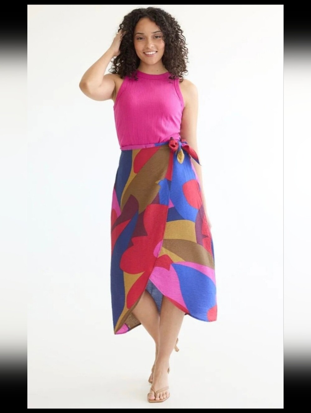 Reitmans Bold Abstract Floral Wrap Midi Skirt in Multi Pink & Blue Summer